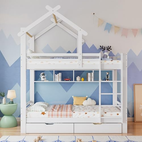Moimhear litera con cajones y estantes, cama de casa con escalera de tres niveles en ángulo recto, cama infantil con protección contra caídas y rejilla, estructura de madera de pino, Blanco (90x200cm)