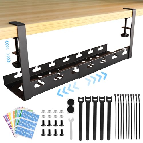 seOSTO Cable Management, Range Cable Bureau Rétractable de 28,5cm à 55cm, Plateau de Gestion des Câbles de Bureau,Rangement Cable Bureau, Câble Management Organisateur de Cable pour Bureau à Domicile
