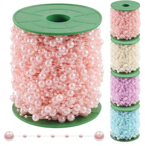 GLARKS 1 Roll 200Feet Pink Pearl Beads Garland 0.11 & 0.31 Inch ABS Plastic Faux Pearl Beads String Roll for Wedding Party Decoration Bridal Bouquet