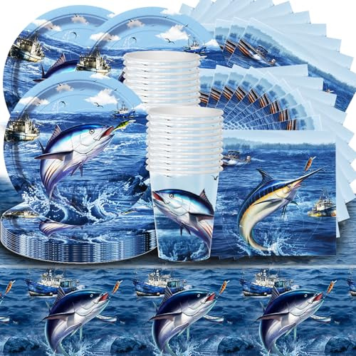 Set di 61 stoviglie per feste di pesca, shamoparty di tovaglia per festival di pesca (274 x 137 cm) + piatto (23 cm) + tazza + tovagliolo per 20 ospiti