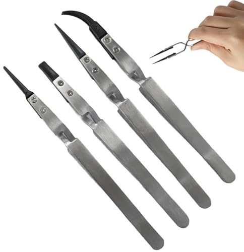 4 Stück Edelstahl Präzisions Pinzetten Pinzette Elektronik feine Uhrmacher Anti Statik Kunststoffspitzen, Ideal für Elektronik, Uhrmacher, Laborarbeiten und Schmuckherstellung, Ergonomisch