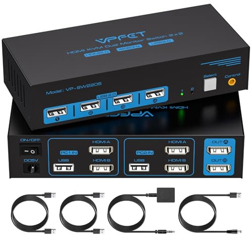 4K60Hz HDMI Switch KVM 2 PC 2 Monitor USB2.0 per Due Computer per Condividere Dual Monitor e 4 Port USB Supporta la Modalità Copia e la Modalità Estensione con Controller Cablato Esterno