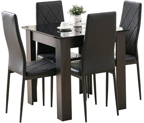Rainbow Tree Modern 5 Piece Dining Room Table and Chairs Set, Wooden Square Table with 4 Chairs for Small Space Apartment Space Saving (Black Table+4 Black Argyle PU Chair)