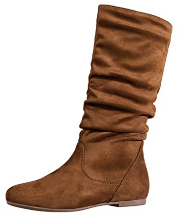 Botas de ante para mujer, botas de media altura, planas y antideslizantes, botas de invierno para mujer, botas informales, cremallera lateral, color sólido, botas clásicas, marrón, 42 EU