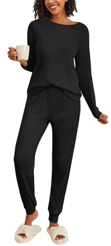 Ekouaer Womens Pyjamas Ribbed Lounge Wear Sets Loungewear Autumn & Winter Ladies Pjs Set 2 Piece Outfits Lounge Pants and Long Sleeve T-Shirt Black S