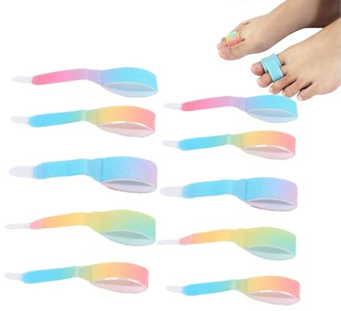10pcs Broken Toe Wraps,Fabric Hammer Toe Corrector,Toe Protector Bandages for Corrector Bent Curled Toes,Adjustable Straightener Big & Small Support Brace Tape,Finger Protectors(Rainbow Color)