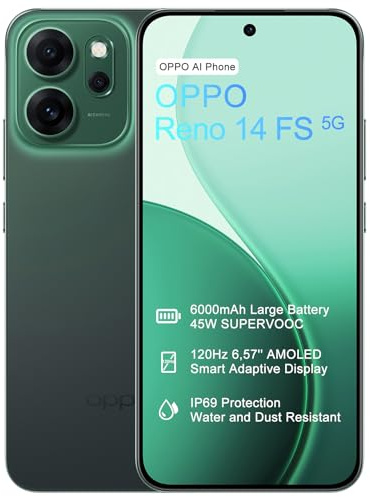 OPPO Reno14 FS 5G 12+512GB Teléfono Movil, IA Smartphone Android, Pantalla AMOLED 120Hz de 6,57, Cámara AI 50+8+2MP, Batería 6000mAh, SUPERVOOC 45W, Snapdragon 6 Gen 1, IP69, Dual SIM, NFC, Verde