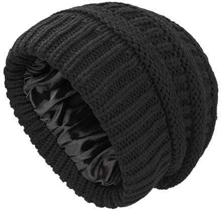 SGQTZDZQ Satin Lined Beanie Hats for Women, Warm Slouchy Ladies Winter Hats, Classic Fashionable Wooly Cable Knit Skull Cap (UK, Alpha, One Size, Black)