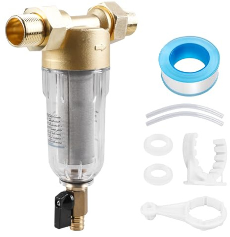 Vattenfilter återanvändbart, bakspolfilter 1 tum vatten förfilter sedimentvattenfilter, spolbart fint filter för husanslutning, brunnsvattenslang, hushållsvattenverk rör (med 3/4 tum adapter)