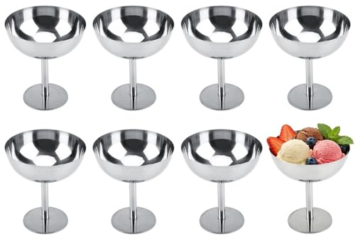 Hapivida Set of 8 Ice Cream Sundae Bowls, 200ml Stainless Steel Dessert Cups Footed Trifle Bowl Serving Dishes Mini Milk Shake Cups for Ice Cream, Desserts, Pudding, Fruit, Appetizer, Salad