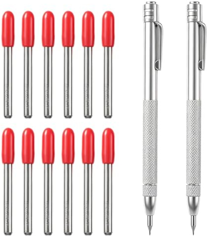 FdcZeyxior 2 Pack Tungsten Carbide Scriber, Metal Scribe Tool with 12 Replacement Tips, Etching Pen with Magnet Clip, Engraving Pen for Glass Ceramics Hardened Steel Sheet Metal Marking