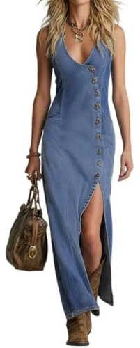 shownicer Robe Femme Chic Et Elegant Ete Robe Longue Manches Longues Robes en Jeans
