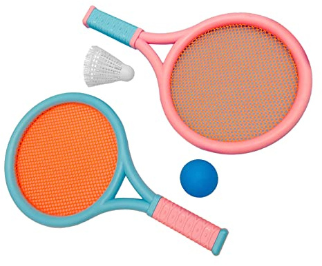Sahgsa Set di Racchette da Badminton per Bambini, Luminoso e Bello, Racchetta da Tennis Elastica Durevole, 2 Racchette e 2 Palline per L'esercizio Fisico (Blu Rosa)
