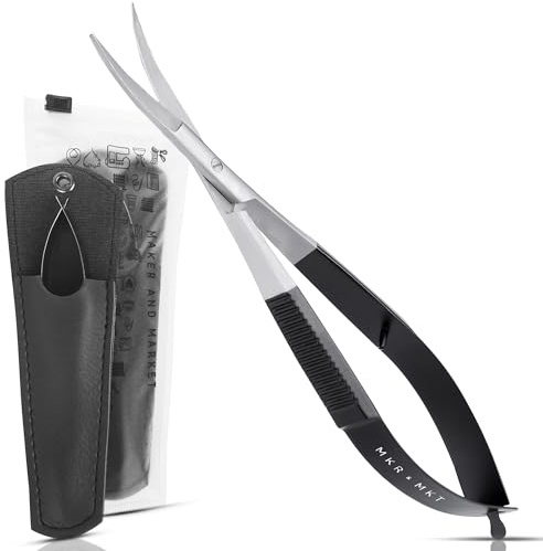 MAKER AND MARKET Spring Action Curved Blade 4.5 Inch EZ Snip Squeeze Scissors with Pouch Sleeve for Applique, Embroidery, Fabric, Thread, Knitting, Sewing, Arts & Craft (Curved Blade)