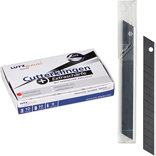 LUTZ BLADES Profi Cuttermesser Klingen schwarz, klein 9mm, 0,5mm stark, 100 Klingen in 10er Spendern, extra scharfe Ersatzklingen für Cutter- und Teppichmesser, Leder, nasse Tapete, Folienmesser