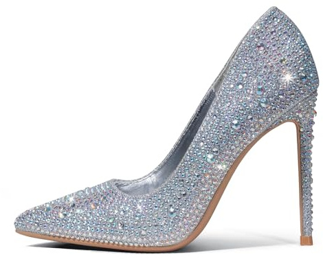 GENSHUO Décolleté a Spillo con Strass Argento Donna, Scarpe con Tacco a Punta Glitterate 10cm, Sexy Tacchi Alti a Punta Chiusa per Eventi Serali, Matrimonio High Heels Scintillante 37.5EU