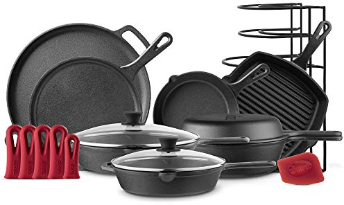 Cuisinel Cast Iron Cookware Set - Complete Pre-Seasoned Kit - 8 Skillet + 10+12 Skillets with Glass Lid + Grill Pan + Multi-Cooker/Dutch Oven + Flat Griddle + Pizza Pan + Pan Rack Organizer - 2024