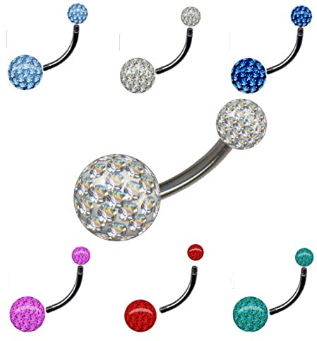 EPOXY-kula TITAN G23 navelpiercing EPOXYD-HARZ FERIDO MULTI-KRISTALL banan Bananabell piercing mage kirurgiskt stål 316L rostfritt stål (1,6 x 8 mm, stål silver, boll vit klar)