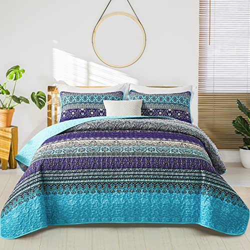 WONGS BEDDING Boho Quilt King Size, Blue Purple Bohemian King Quilt, Lightweight Microfiber Bed Decor Bedspread for All Season 103x90(3 Pieces)