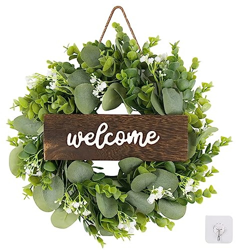 HAOSHICS Grüner Eukalyptuskranz mit Willkommensschild, künstlicher Frühlings- und Sommerkranz für Haustür, Wand, Veranda, Terrasse