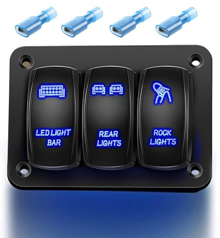 Gebildet 3-Vägs Vippbrytare (LED-Ljusfält + Bakljus + Rockljus) 12V 24V DC Blå Strömbrytare Aluminium Panel 5-Pin På/Av PreWired Vattentät