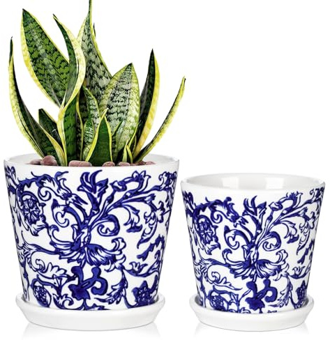 Arborus Blue and White Ceramic Plant Pots with Saucer Set of 2 12cm 10cm Vintage Porcelain Planter with Drainage Holes Indoor Decorative Flower Pots for Succulent Cactus House Plants Garden
