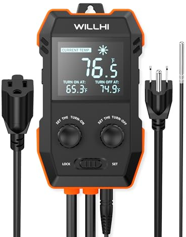 WILLHI WH2408 Temperature Controller 10A 1200W, Digital Thermostat Controlled Outlet Plug Switch for Reptile Terrarium Greenhouse Homebrew Aquarium Seedling Mat, Heating or Cooling Mode (Pack of 1)