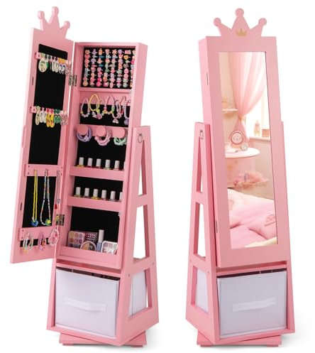 HOMFME Armoire a Bijoux Enfant avec Miroir Plein Pied, Armoire de Rangement Pivotante à 360 ° en Forme Couronne, Grand Espace de Stockage, Charge 10 KG, 31,5 x 30 x 119 CM, pour Enfant 3+ Ans (Rose)