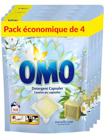 OMO Capsules de lessive au savon de Marseille – Nettoyage en profondeur, fraîcheur longue durée, parfum jusqu'à 14 jours, contrôle des odeurs, lavage à froid efficace – 168 capsules (42 x 4 paquets).
