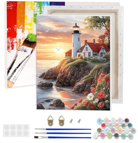 AIRDEA Faro Costero Pintar por Numeros Adultos, Paisaje DIY Pintura por Numeros Adultos, Paint By Numbers Adult Pintura al óleo de Lienzo con Pinceles Pigmento Acrílico 30x40 cm (Enmarcado)
