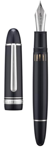 Yongsheng Junlai 930 Penna Stilografica, #9 pennino medio con sistema di caricamento a pistone, serbatoio d'inchiostro per recinzione nero pianoforte con design a forma di siluro (Finiture Argento)