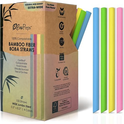 EcoPreps Colorful Biodegradable Jumbo Smoothie Straws, Bamboo Fiber Boba Straws - 100 PCS, Extra Wide, 100% Compostable, Plastic-Free, Eco-Friendly Thick Straw - 8.25 Long Disposable Bamboo Straw Set
