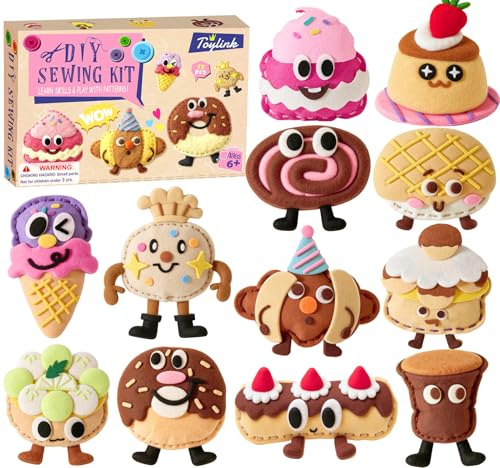 TUZT Kit Couture Enfant,12 Diy Desserts Bricolage avec Couture en Feutre & Aiguilles Couture en Plastique, Loisir Créatif Jouets Manuelles Activites Cadeau pour Garçon Fille 5 6 7 8 9 10 (Dessert 2)