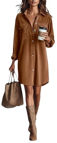 Minetom Robe Chemise en Velours Côtelé Femme Automne Hiver Décontractée Manches Longues Robes avec Boutons Poches A Marron L