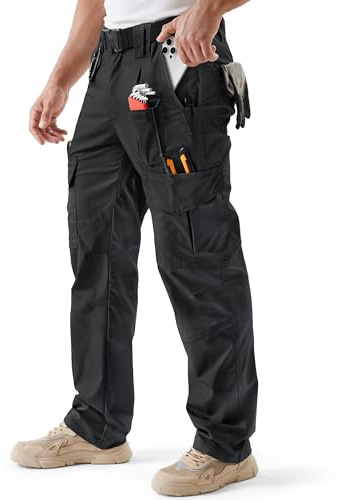 IGOLUMON Work Trousers Men Cargo Trousers Stretch Fit Tactical Work Pants with Multi-Pockets Semi Elasticated Waist for Hiking Climbing Walking Fishing Casual Black