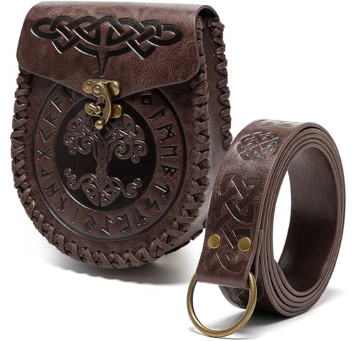 RZXCFPL Viking Relief Bältespåse, Nordisk Runa Yggdrasil/Livets Träd PU Läderbälte, Medeltida Cosplay Present,Dark brown bag & belt