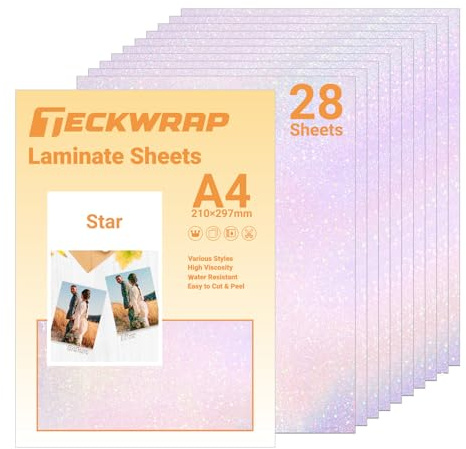 TECKWRAP Holographic Laminate Sheets for Vinyl Sticker Paper A4 28pcs,Star | Holographic Adhesive Sheets Waterproof Laminate Sheets Clear Vinyl Sticker Laminate DIY Printable Vinyl for Inkjet Printer