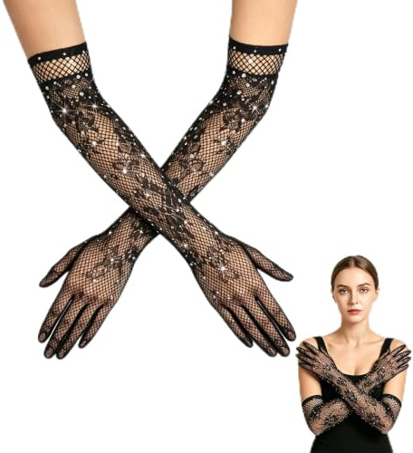 ZJEEACO Black Lace Gloves for Women, Long Elbow Length Lace Sleeves for Halloween Costume, Stretch Gothic Mesh Gloves, Vampire Fish Net Gloves, Witch Hand Gloves for Wedding, Prom, Masquerade Party