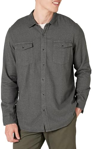 Amazon Essentials Herren Flanellhemd mit 2 Taschen und Langen Ärmeln in normaler Passform, Dunkelgrau Meliert, XL