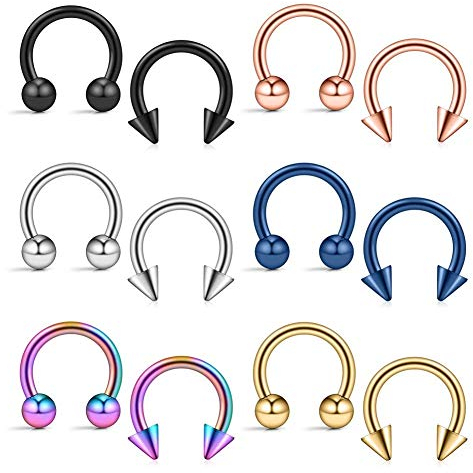 Crdifu 12er Nasenpiercing Set Hufeisen, 14G 1,6mm Nasenring aus 316L Edelstahl - 8mm 10mm 12mm 14mm Durchmesser, Circular Barbell Septum Lippe Labret Nase Piercing Ring