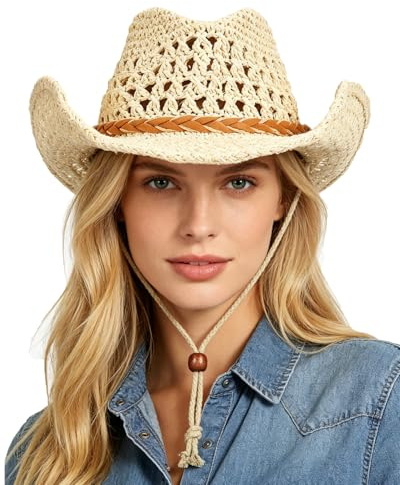 ITODA Summer Cowboy Hat Foldable Straw Hats UPF50+ Sun Protection Cap Wide Brim Sun Hat Travel Beach Cap Western Cowgirl Hats for Men Women Camping Hiking Fishing Beige