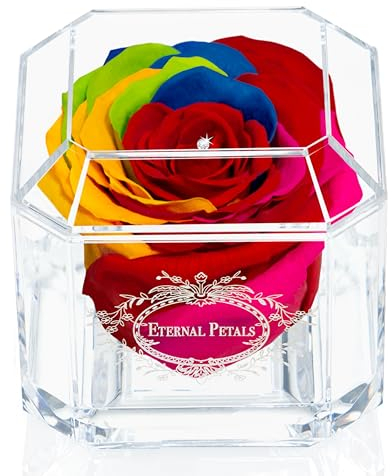 A 100% Real Rose That Lasts Years - Eternal Petals, Handmade in UK – White Gold Solo with A Clear Crystal (Rainbow)