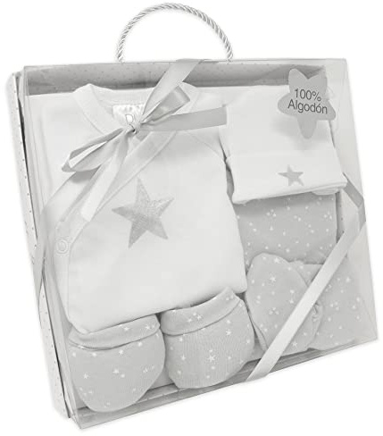 DUFFI BABY | Set Primera Puesta Bebe Recien Nacido 5 Piezas - Set Regalo Bebe Conjunto Primera Puesta Chaquetita Polaina Gorro Babero Manoplas - Regalo Bebé 100% Algodon Color Gris