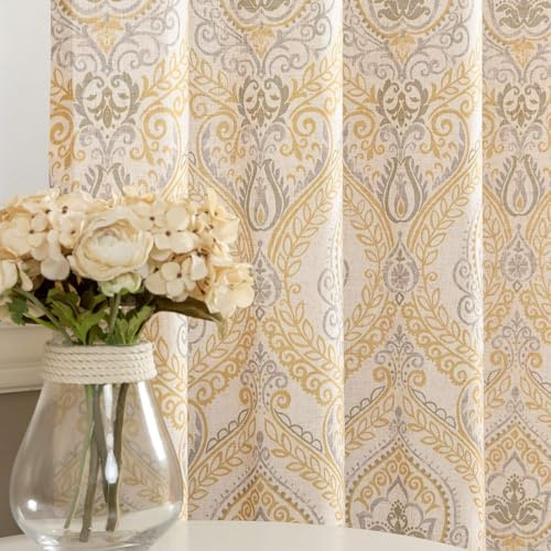TOPICK Cortina de Cocina con Flores de Lino Vintage con Bolsillo para Varilla Translúcido Aptas para Cocina Salón Lavadero y Pequeñas Ventanas Amarillo Juego de 2 Unidades 65 x 115 cm