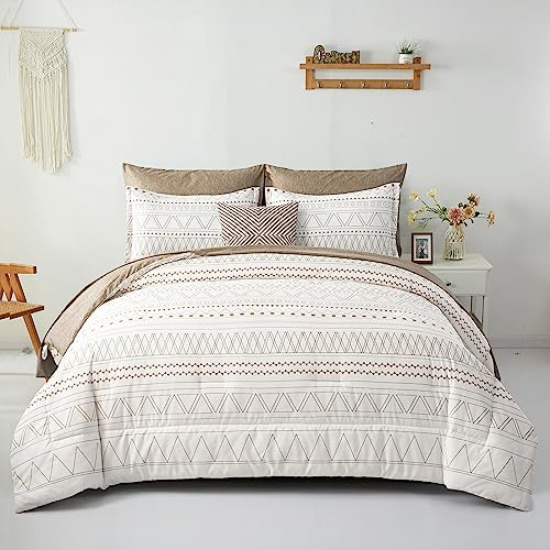 WONGS Bedding Juego de edredón de 7 Piezas, Color Caqui, Bohemio, Cama en una Bolsa, tamaño King, edredón geométrico a Rayas, Juego de Ropa de Cama Reversible de Microfibra Suave con Fundas de