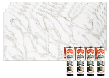 IZODEKOR Revestimiento de pared efecto mármol - 4x paneles con 4x adhesivo de montaje - Alternativa a baldosas/azulejos, panel ducha, panel para pared cocina | Calacada