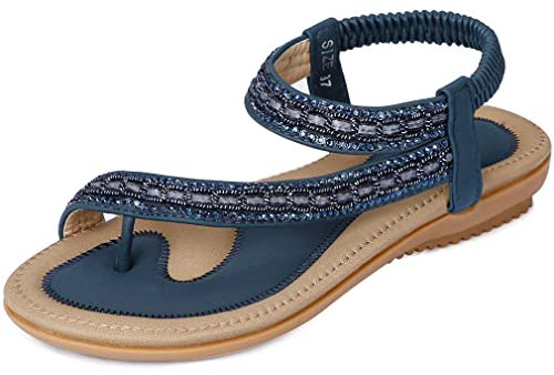 Amissz Sandales Femmes Plates Été Chaussures éLastiques Plage BohèMe Strass Fleurs Femme Confortable PU Tongs Orteils SéParateurs Style 3 Bleu 43 EU