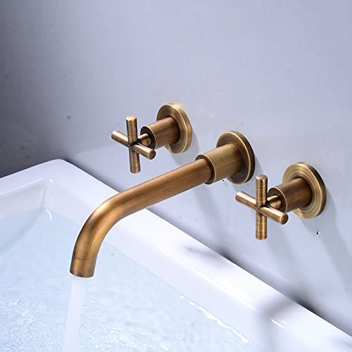 ZYCDP Grifería para Lavabo Pared,Rotación de 360 Grados,Grifo de Pared de Dos Manijas,Grifo Empotrado Latón,Grifo de Lavabo para Agua Fría y Caliente,antiguo