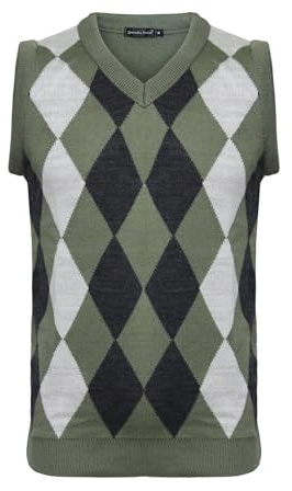 Men Knitted Vest Tank Top Jacquard Argyle Sleeveless Sweater Pullover Jumper V-Neck Slim Fit[Khaki-Cream,