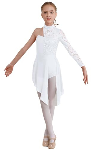 Nyeemya Vestido de Danza Latina para Niña Maillot Patinaje Artístico con Falda Tul Irregular Vestido Danza Lirica Contemporánea de Manga Larga Hombro de Encaje Blanco 15-16 años